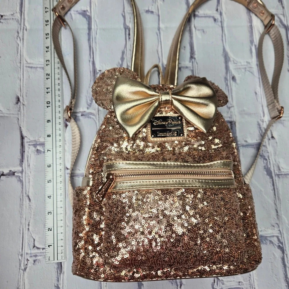 Loungefly Disney Parks Rose Gold Sequin Minnie Mouse Backpack Bow Ears Purse‎